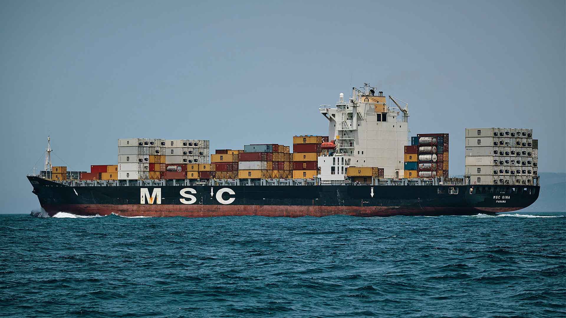 Cargo vessel transporting goods at sea